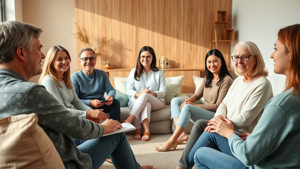 Group hypnosis session demonstrating top hypnosis techniques in a modern wellness studio with individuals in a supportive circle