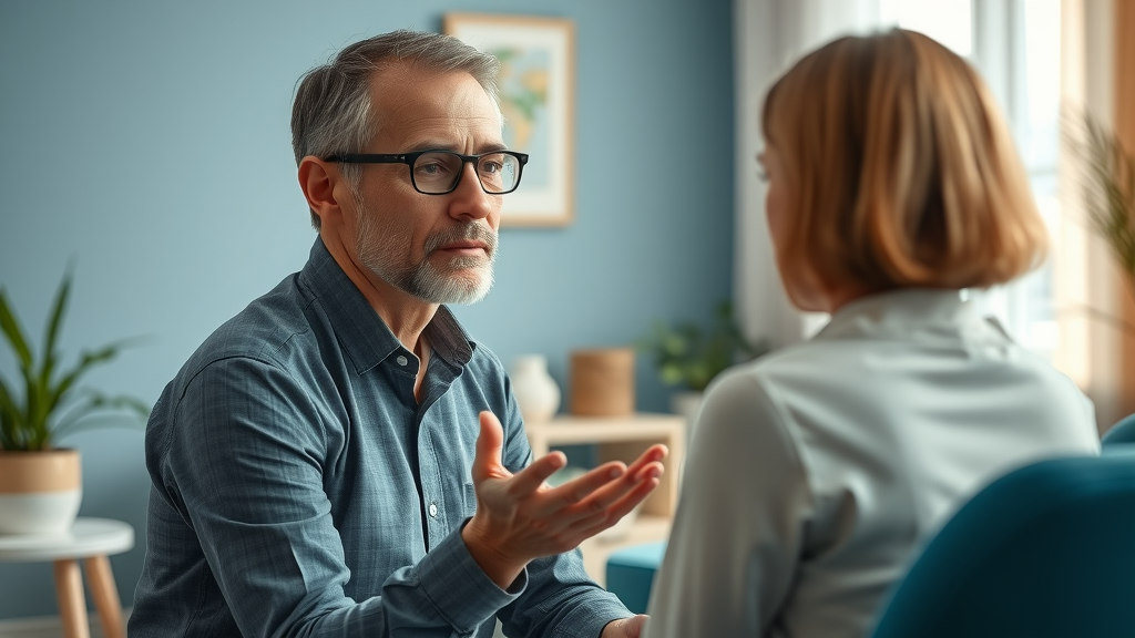 Calm professional hypnotist applying top hypnosis techniques in a peaceful therapy office with gentle focus