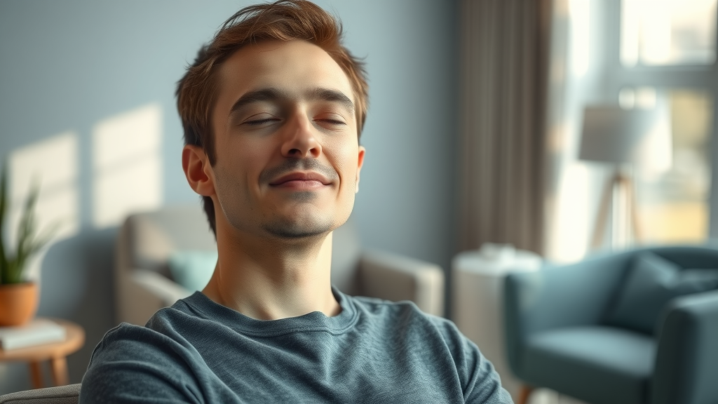 Person experiencing deep relaxation during hypnosis session, eyes closed, in a cozy modern office with therapist in background, soft natural lighting.