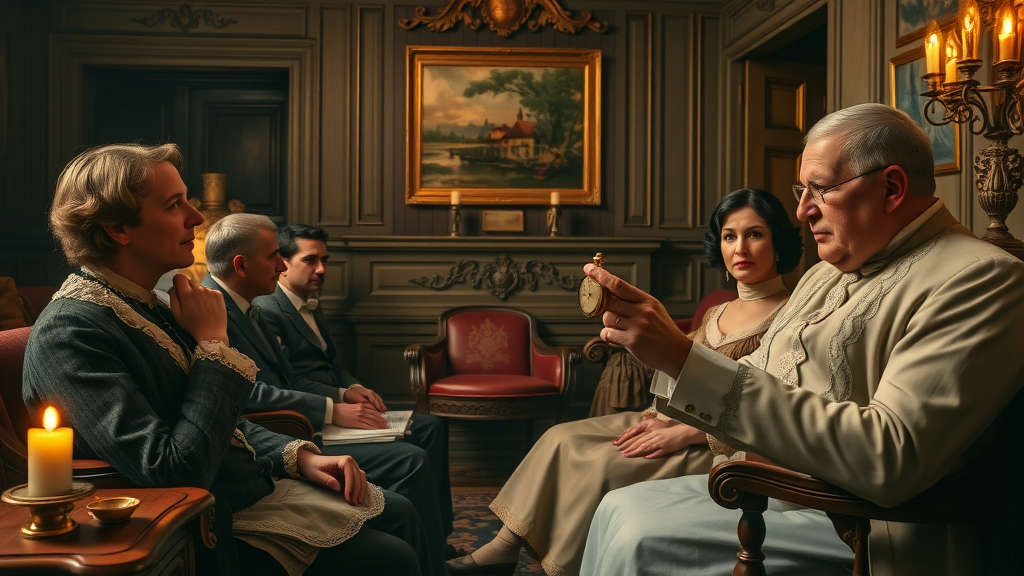Victorian-era hypnosis session with hypnotist and participants, elegant antique parlor, photorealistic painting.