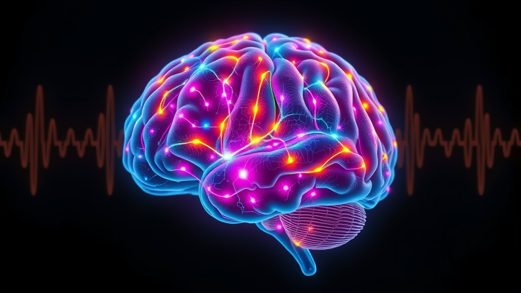 Colorful neural activity in brain during hypnosis, photorealistic digital art with glowing neural regions and brainwave patterns.