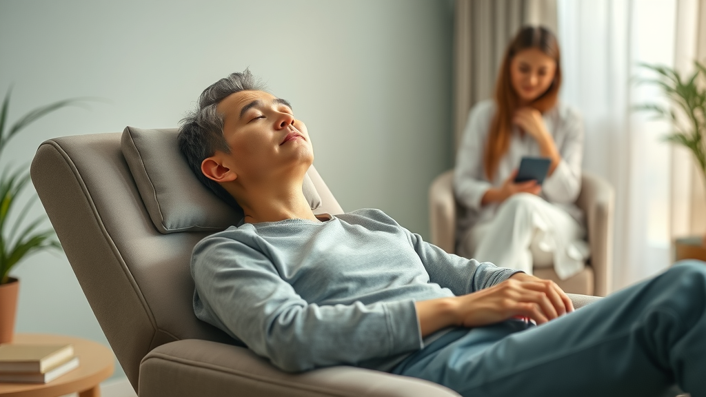 Person reclining and relaxing during a hypnosis session, therapist nearby, modern softly lit therapy room.