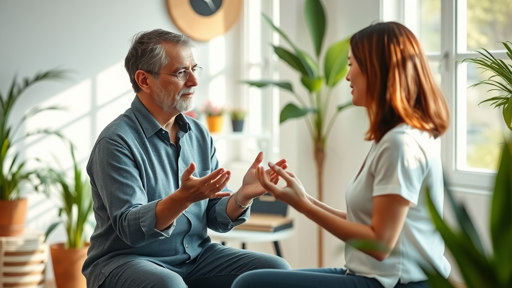 Empathetic hypnotherapist guiding a client in bright, minimalist studio setting with plants and soft sunlight.