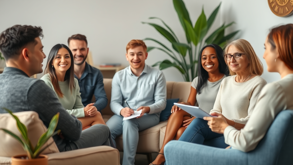 Group therapy session explaining how hypnosis works, showing a diverse group attentively listening to a hypnotherapist in a comfortable counseling room.