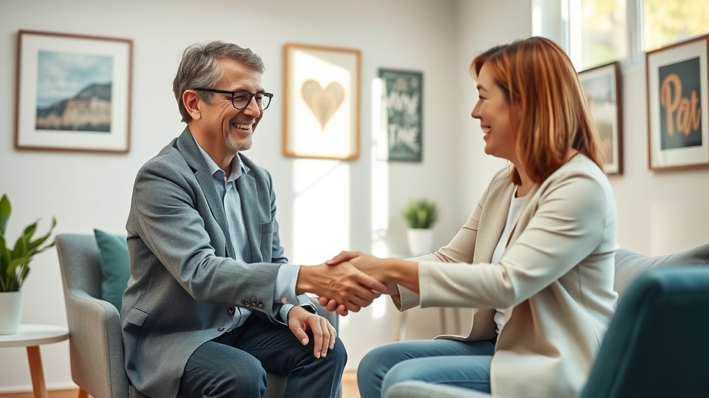 Hypnotherapist and client display supportive rapport, shaking hands after a therapy session to illustrate trust in hypnosis and hypnotherapy.