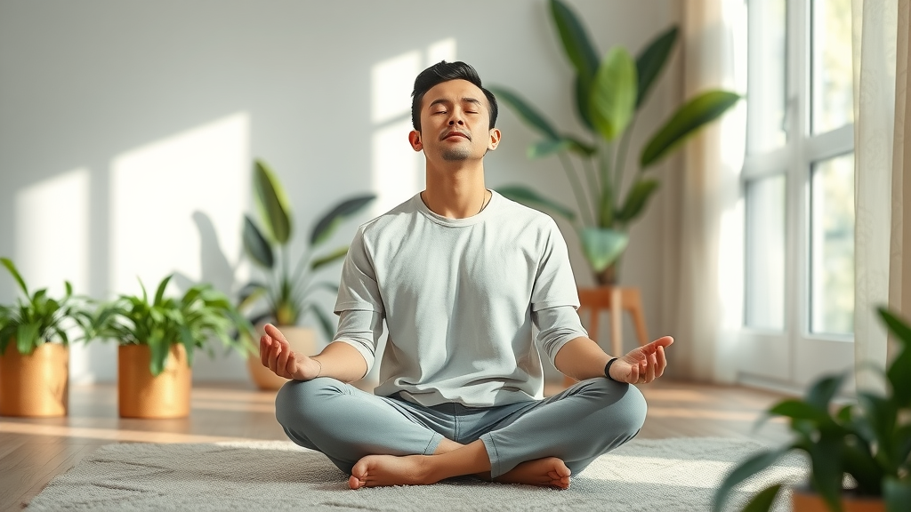 Solo adult practicing self-hypnosis for stress relief in a bright, peaceful home environment to demonstrate real-life hypnosis outside therapy.