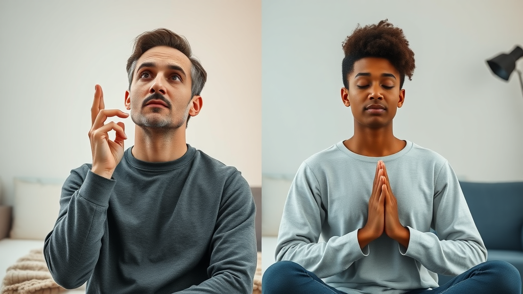 Side-by-side comparison: individual in hypnosis session vs. another meditating, highlighting differences and similarities in mental state.