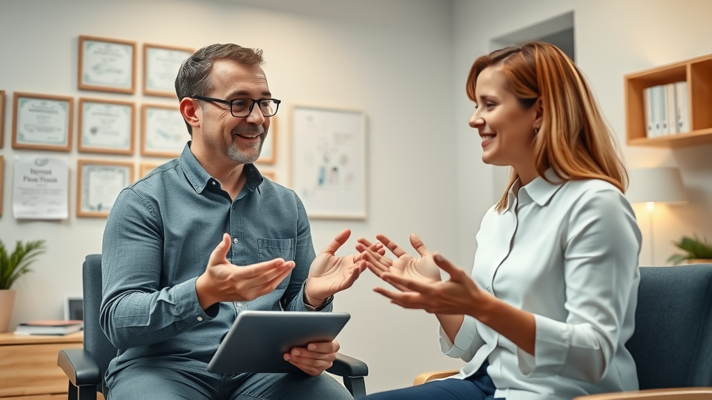 Therapist explaining safety and ethics to client during hypnosis therapy session in a modern clinical office.
