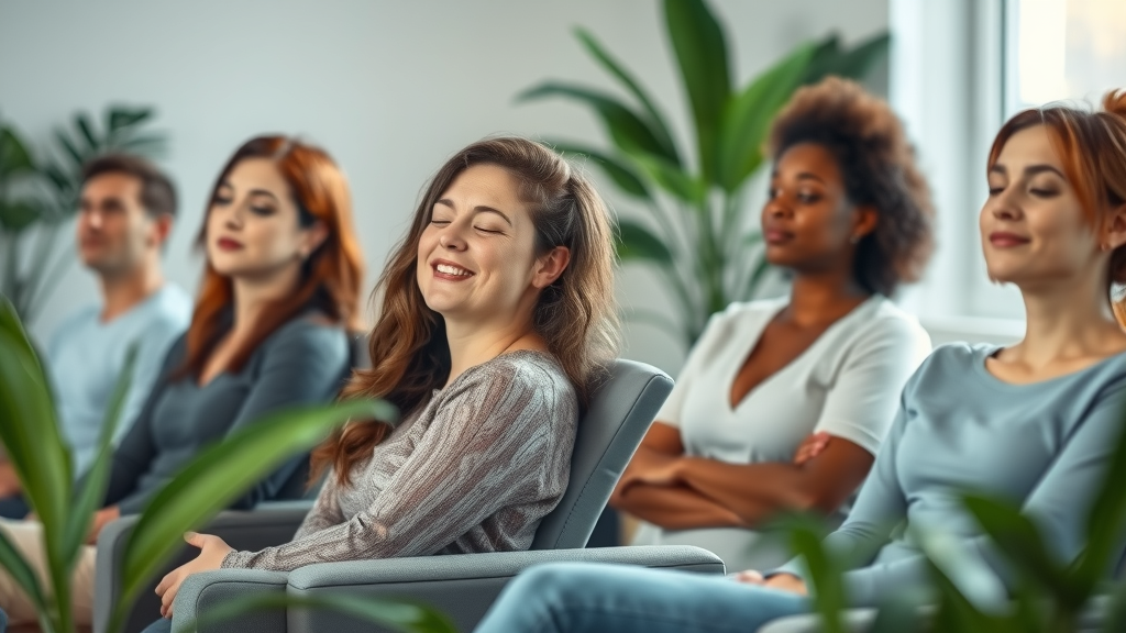 Relaxed adults experiencing guided imagery in hypnosis, calm therapy environment with earth tones and peaceful facial expressions.
