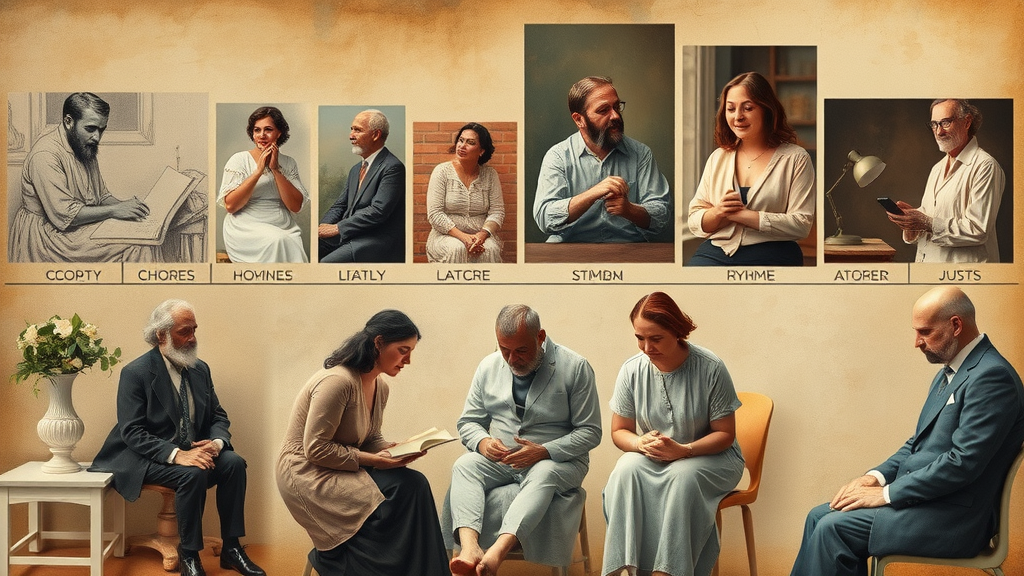 Historical timeline blending early hypnosis and modern guided imagery practices, featuring practitioners across eras in evolving settings.