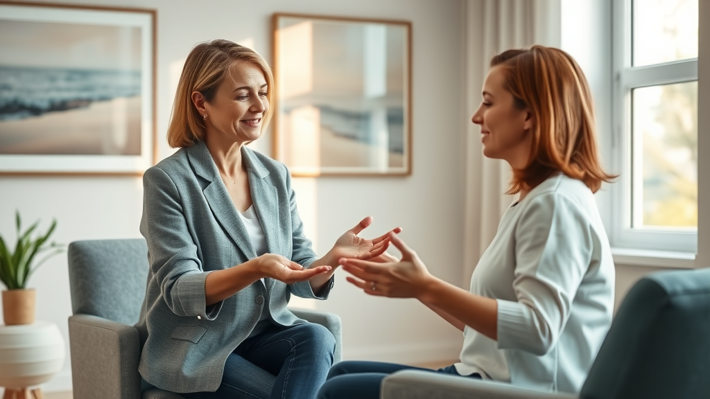 Hypnotherapist guiding a hypnosis session with guided imagery, engaged client, serene modern office setting.