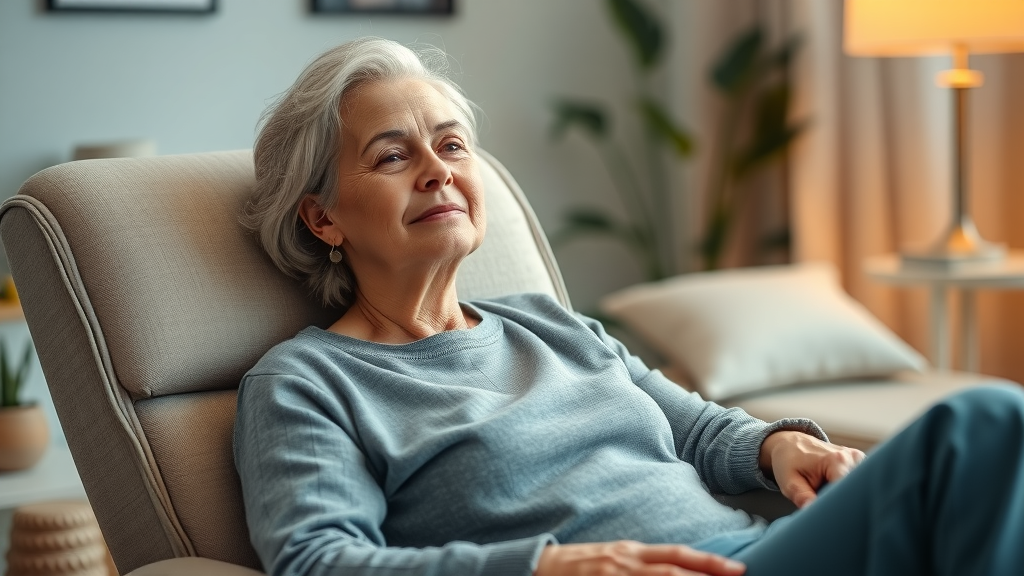 Woman experiencing pain relief through guided imagery in hypnosis, tranquil therapy room and content expression.
