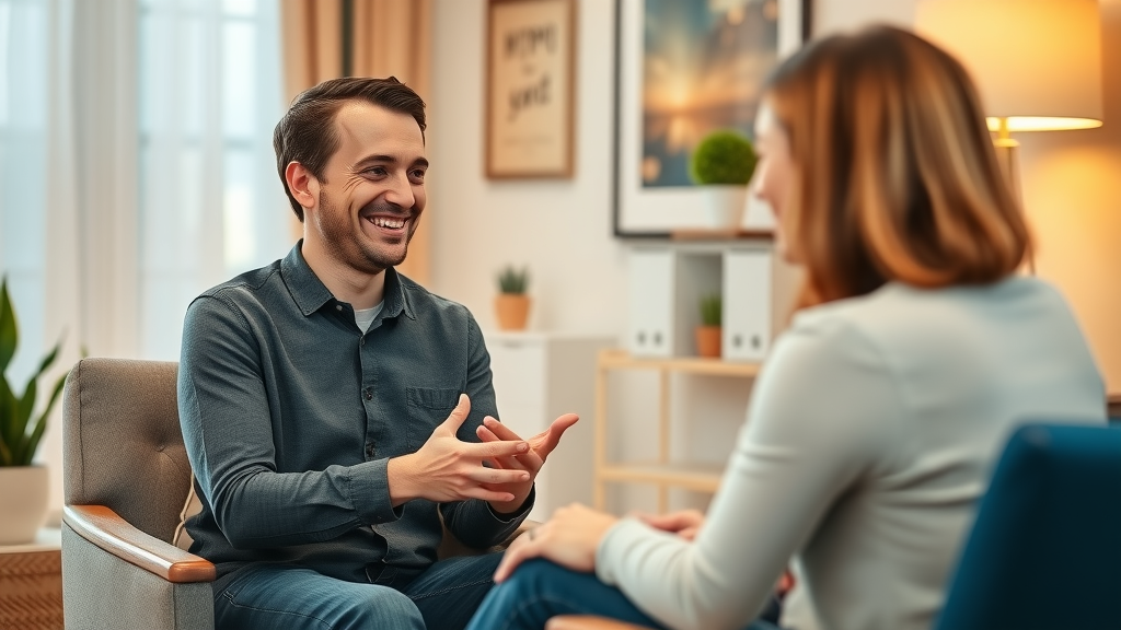 Smiling client provides positive feedback after a guided imagery hypnosis session, warm professional office and supportive atmosphere.