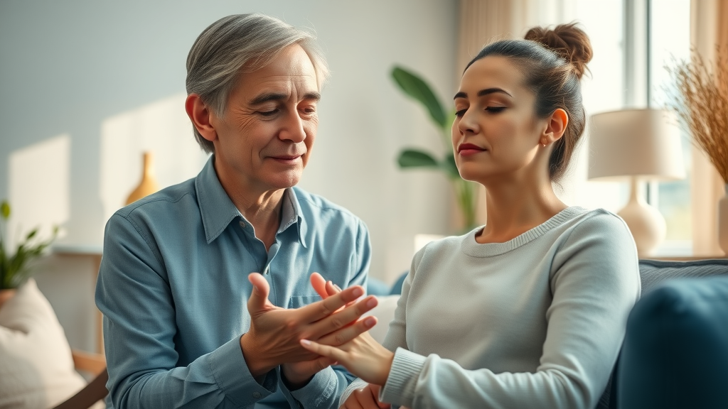 Therapist guides client through hypnosis for anxiety in a calming, plush therapy office with natural light. Both appear relaxed and comfortable.