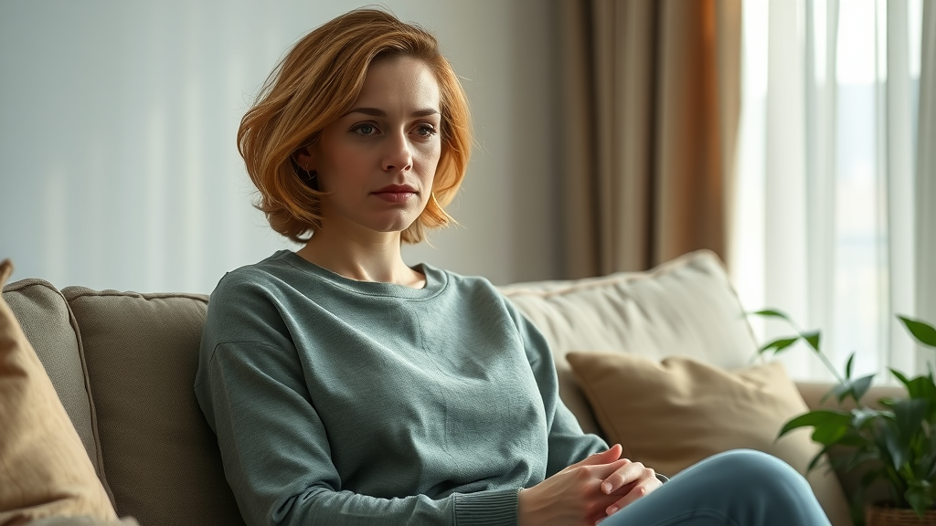 Woman with mild anxiety sits quietly at home, looking thoughtful, with daylight streaming in and a comforting plant nearby.