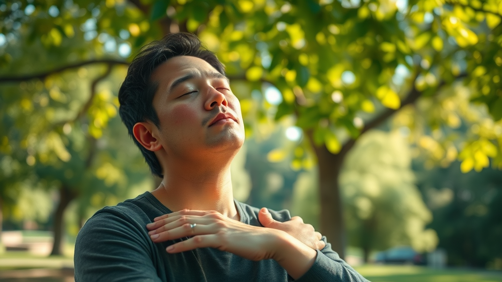 Person entering a peaceful, hypnotic state with closed eyes, seated under a large tree in a sun-dappled park, expressing calm.