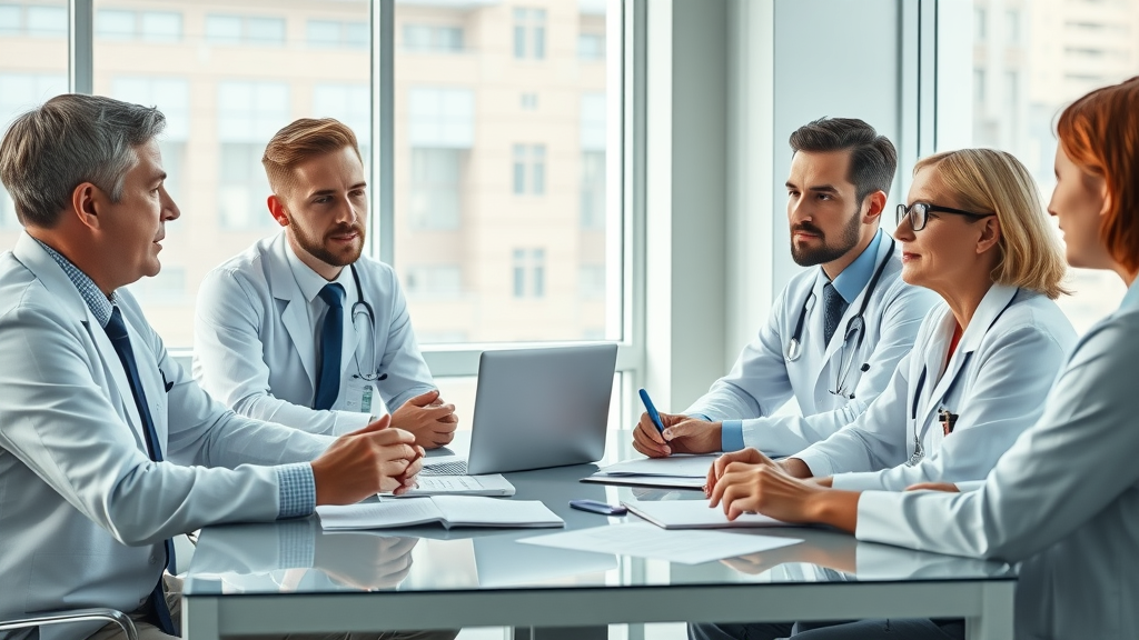 Clinical research team discusses hypnosis outcomes for anxiety—their faces show focus and confidence in a modern meeting room.