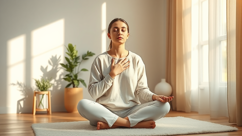 Woman practicing 3-3-3 rule in a tranquil corner, seated calmly; her hand gently rests on her heart with sunlight streaming through curtains.