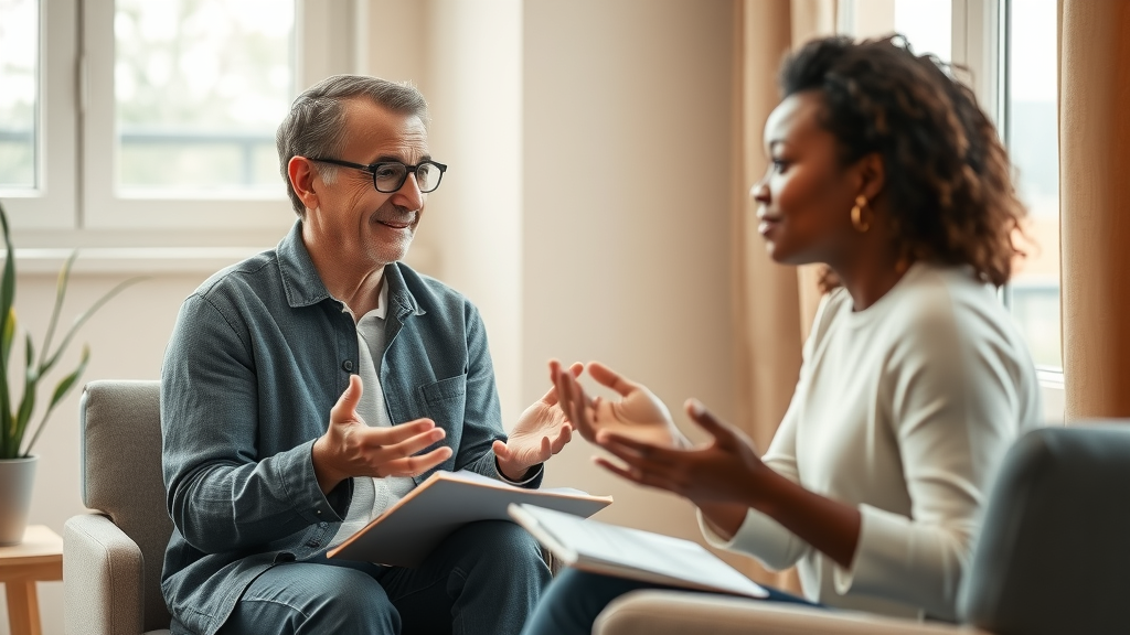 Counselor offers gentle advice to a diverse client in a comfortable, softly-lit counseling room, both look calm and engaged.
