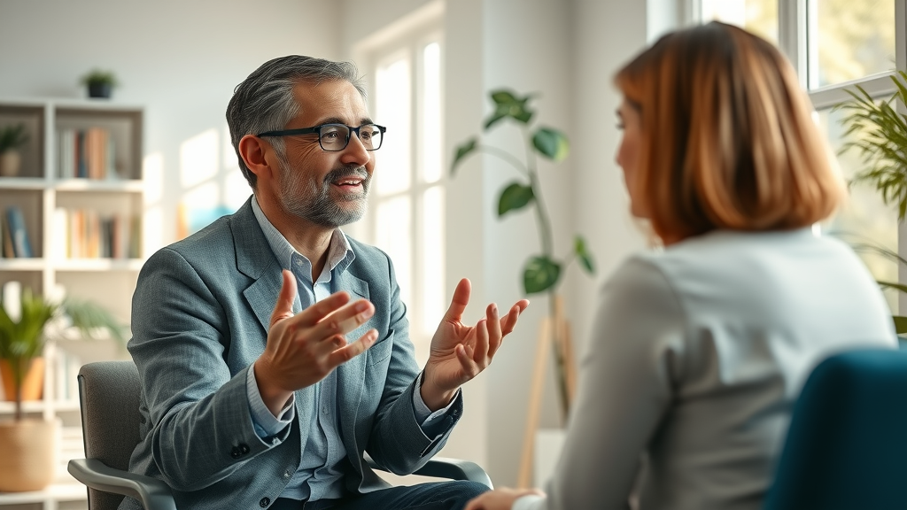 Expert therapist discussing the benefits of hypnosis for stress relief with a client