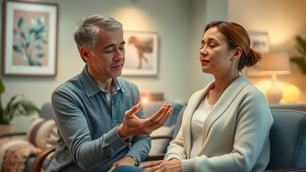 Relaxed client listening to a practitioner during a hypnotherapy for stress session