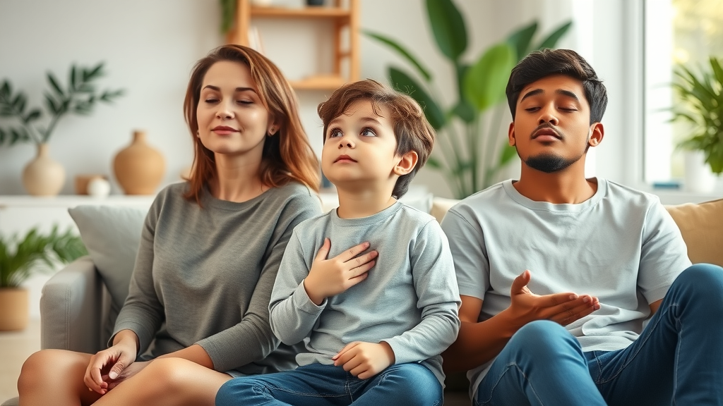 Adults, teens, and children using hypnosis for stress relief together in a peaceful setting