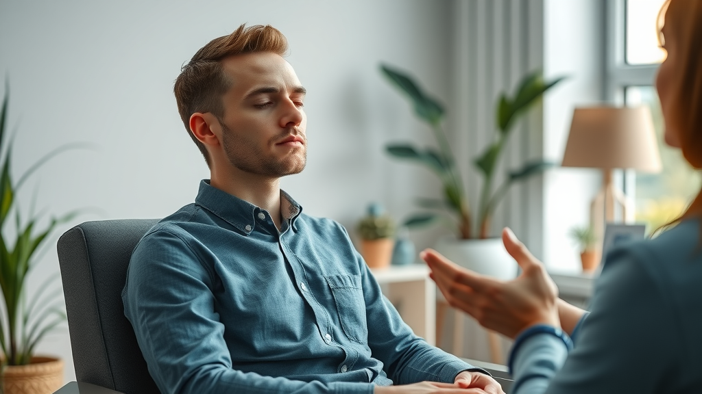 Professional hypnotherapy session for breaking bad habits, featuring a calm client and therapist in a modern, soft-lit office