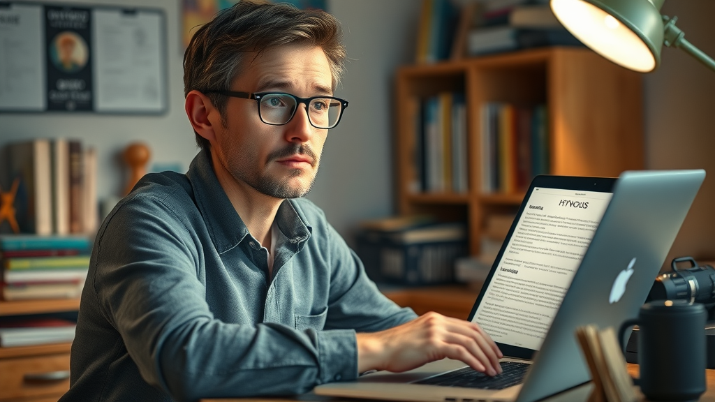 Curious person researching hypnosis for breaking bad habits, sitting at a laptop reviewing scientific articles