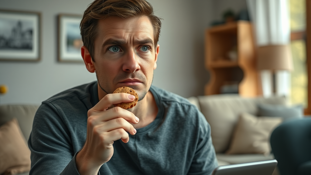 Person struggling with resisting temptation, holding a bitten cookie - the challenge of breaking bad habits