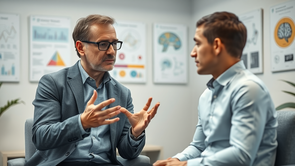 Professional psychologist clarifying difference between bad habits and addiction to a client using visuals