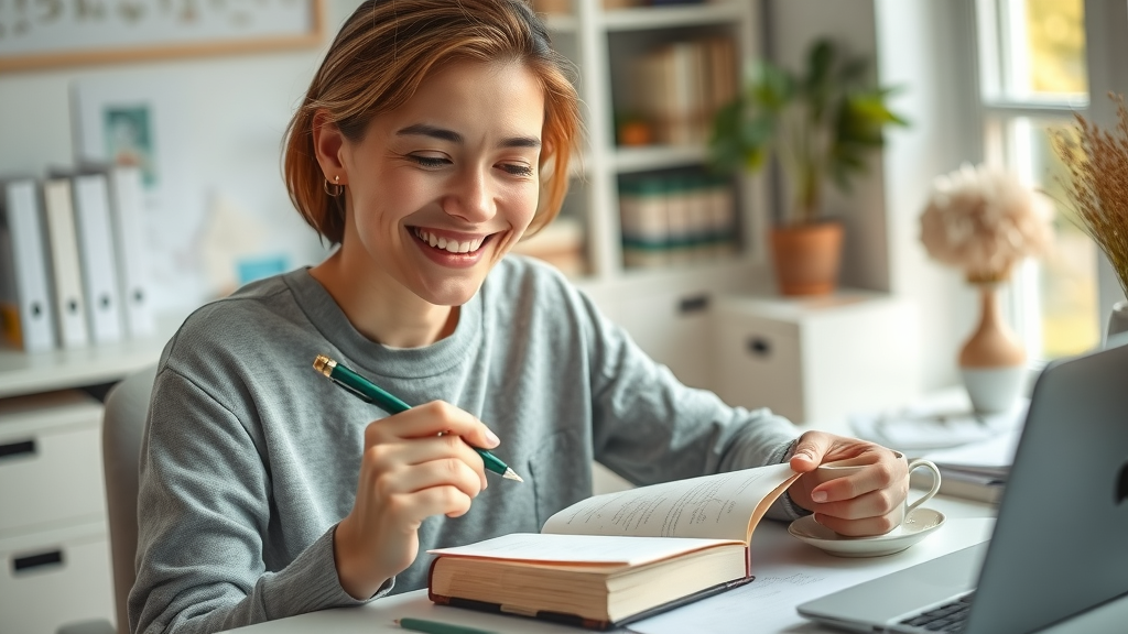 Happy individual journaling personal progress after hypnotherapy for breaking bad habits