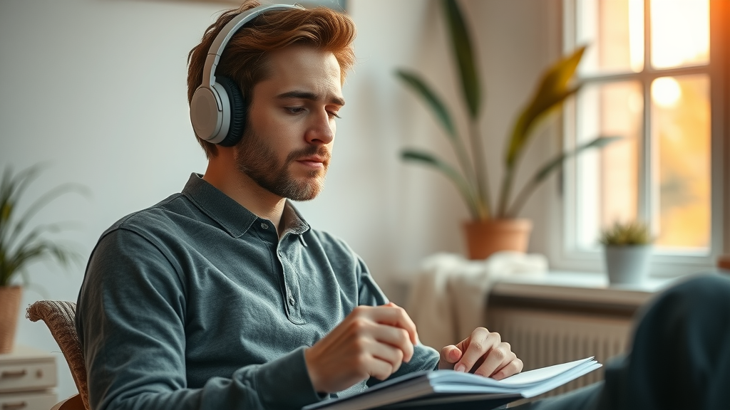 Person reflecting on hypnosis session, learning how hypnosis rewires the brain, seated in a serene home study listening to audio