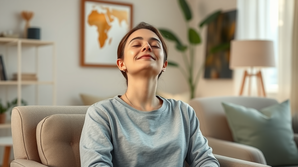 Uplifted person post-hypnosis, calm and content, in a comfortable therapy setting, illustrating positive brain act change