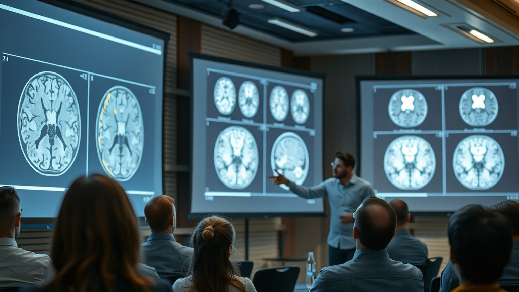 Comparative brain scans showing how hypnosis rewires the brain, neuroscientist highlighting imaging changes in conference setting