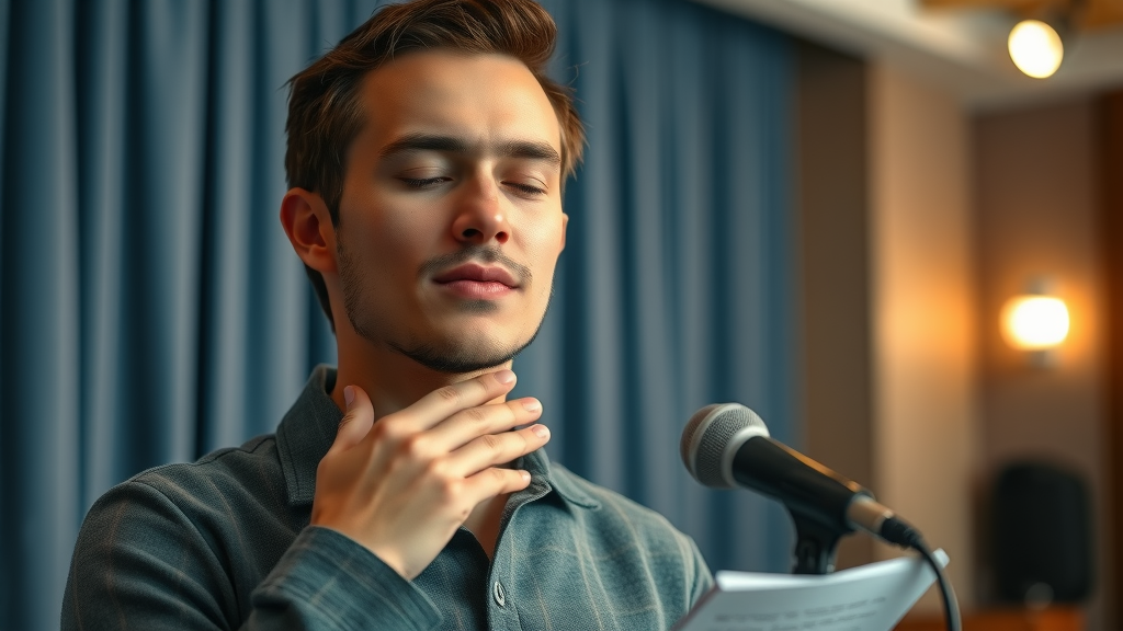 Individual practicing hypnosis techniques for public speaking anxiety backstage, calm yet focused, realistic setting with microphone and notes.
