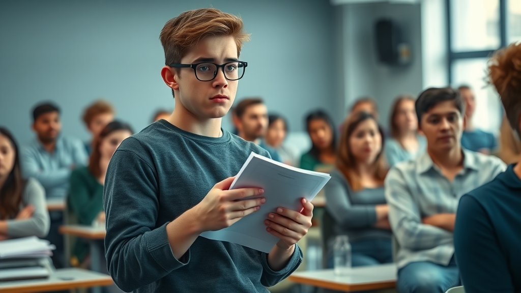 Nervous speaker with notes in a classroom, demonstrating public speaking anxiety and the determination to overcome it.