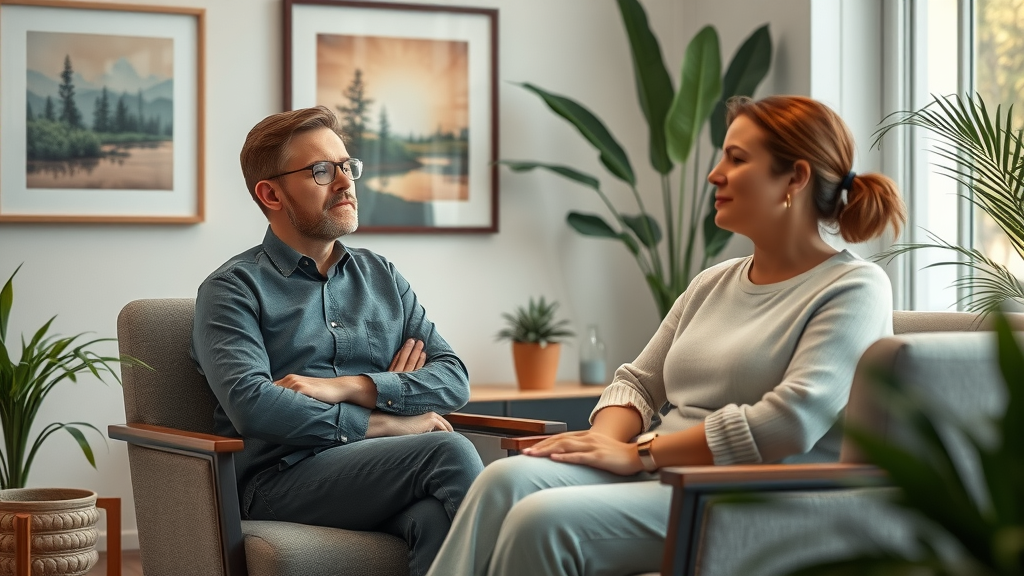 Hypnotherapist guiding a client to overcome speaking anxiety during a public speaking hypnosis session; peaceful, supportive environment.
