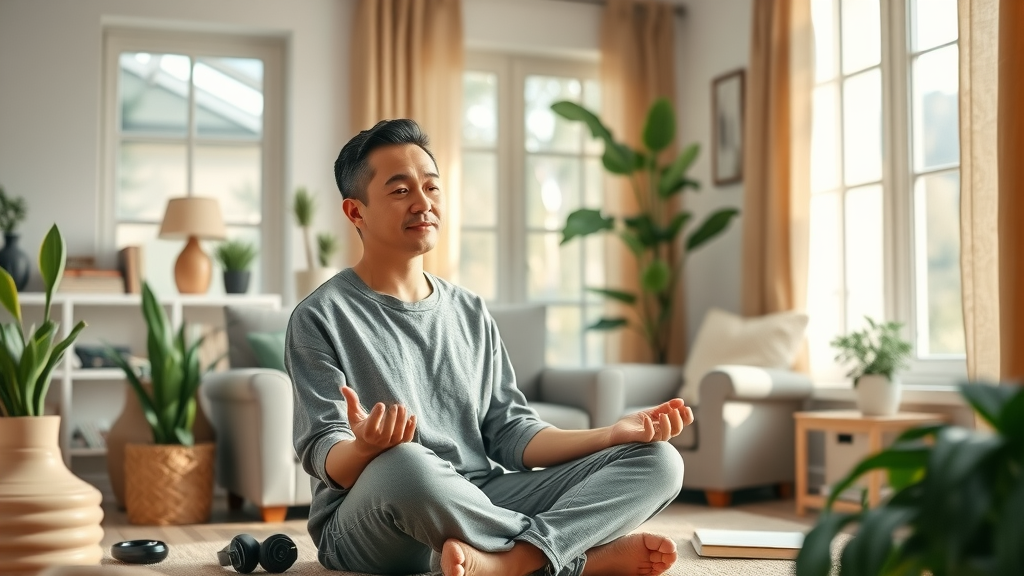 Individual practicing self-hypnosis for speaking anxiety at home—relaxed, focused, in a soothing living room environment.