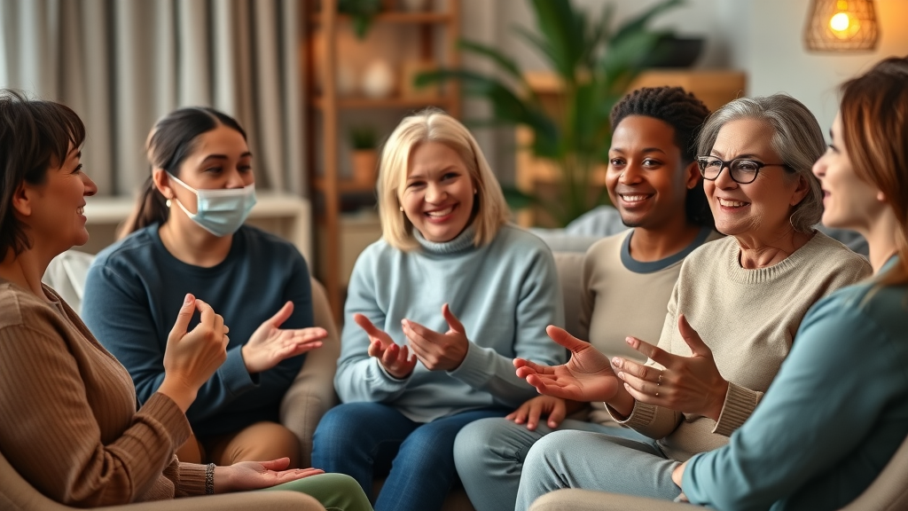Support group sharing positive hypnosis for public speaking testimonials; confident, relaxed smiles in a cozy setting.