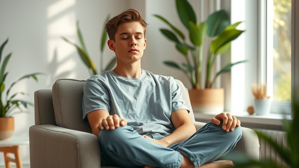 serene young adult practicing self-hypnosis 101 at home in a peaceful living room, with natural sunlight and plants