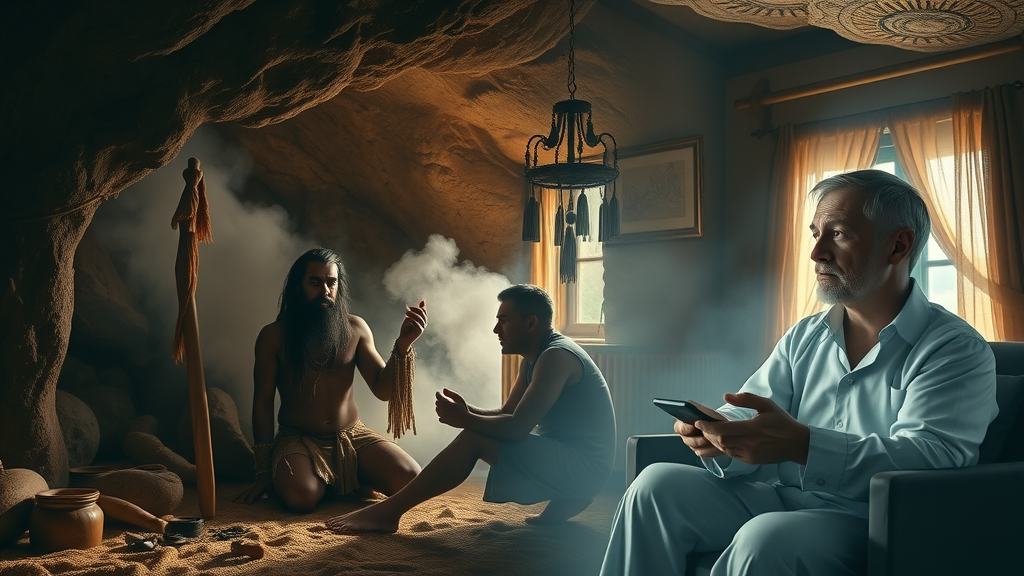 evolution of self-hypnosis 101 from ancient rituals to modern science, illustrated photorealistically
