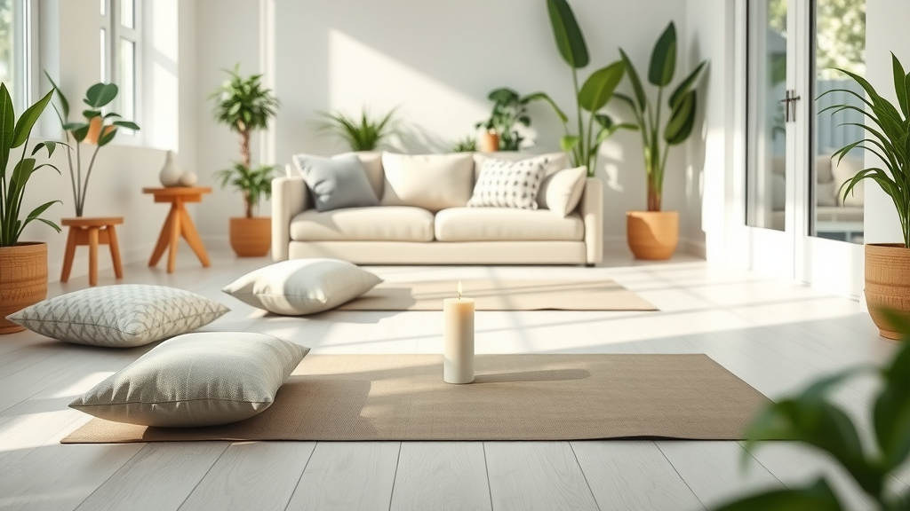 comfortable preparation for self-hypnosis 101 session at home, including yoga mat and cushions in sunlit space