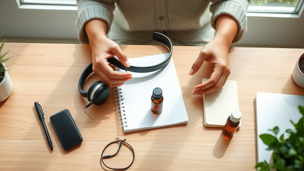 essential self-hypnosis 101 tools, including notepad, headphones, and oils, neatly arranged on a minimalist desk