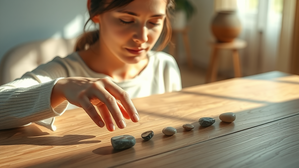 rule of 7 concept in self-hypnosis 101, symbolized by stones in sequence and a serene participant
