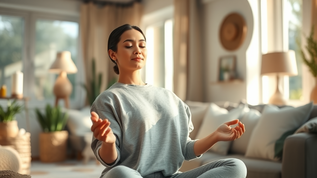 Serene person meditating at home with calm and focused expression during self-hypnosis at home, in a cozy living room with natural light