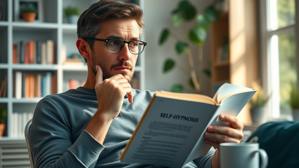 Thoughtful person learning about self-hypnosis at home reading a book or digital tablet in a softly lit study