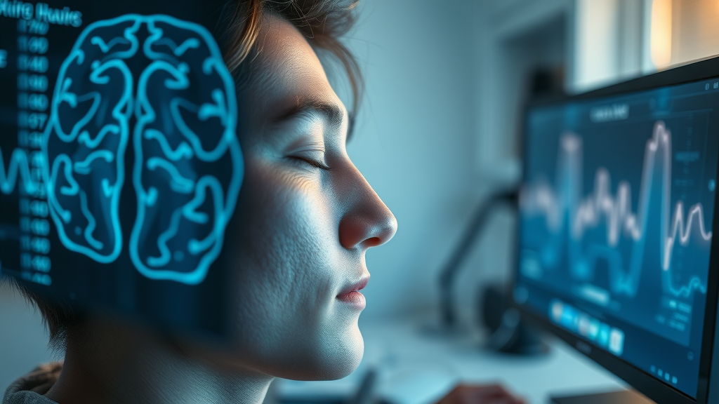 Close-up relaxed brainwave scan and person showing relaxed state during self-hypnosis at home
