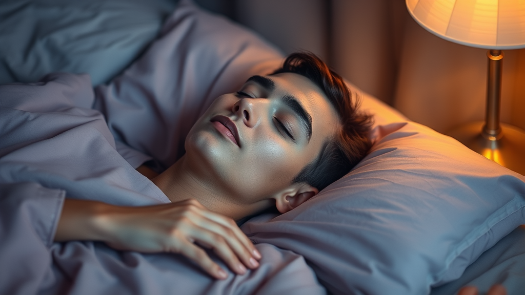 Person winding down before bed using self-hypnosis at home for sleep, lying peacefully in a softly lit bedroom