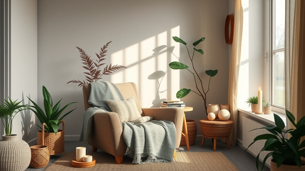 Cozy home relaxation corner set up for self-hypnosis at home, showing a comfy armchair, blanket, candles, and potted plants
