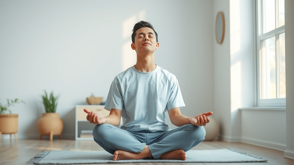 Person practicing deep breathing technique for self-hypnosis at home in a peaceful, minimalistic setting